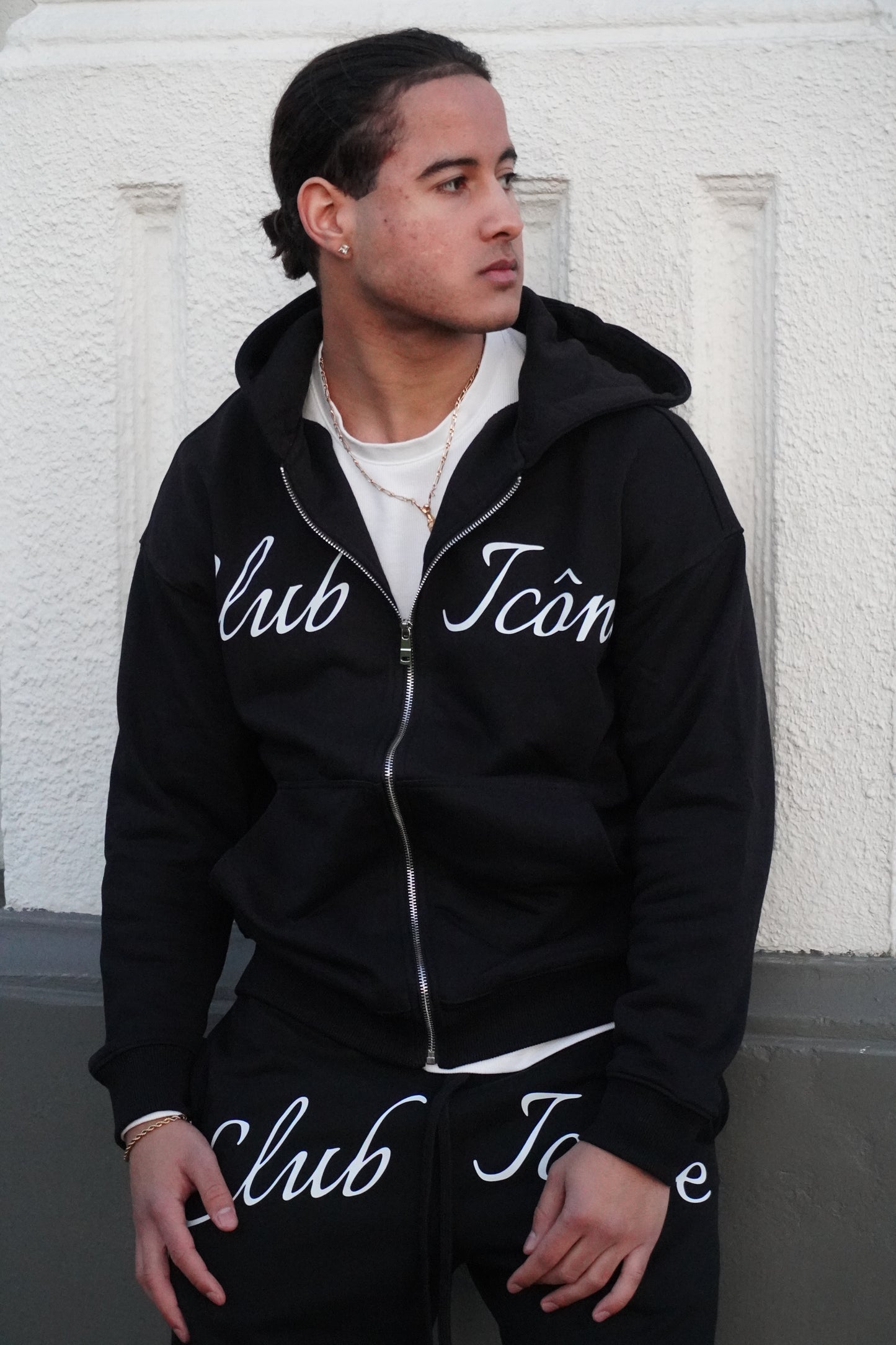 CLUB ICÔNE - BLACK TRACKSUIT - ZIP-UP HOODIE + FLARED SWEATPANTS