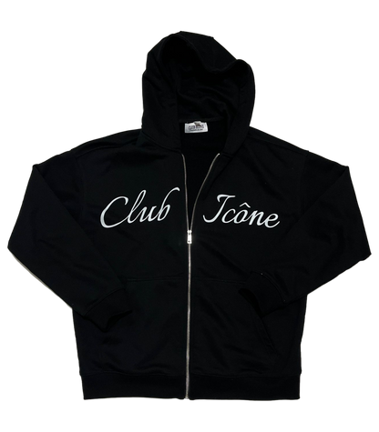 CLUB ICÔNE - BLACK TRACKSUIT - ZIP-UP HOODIE + FLARED SWEATPANTS